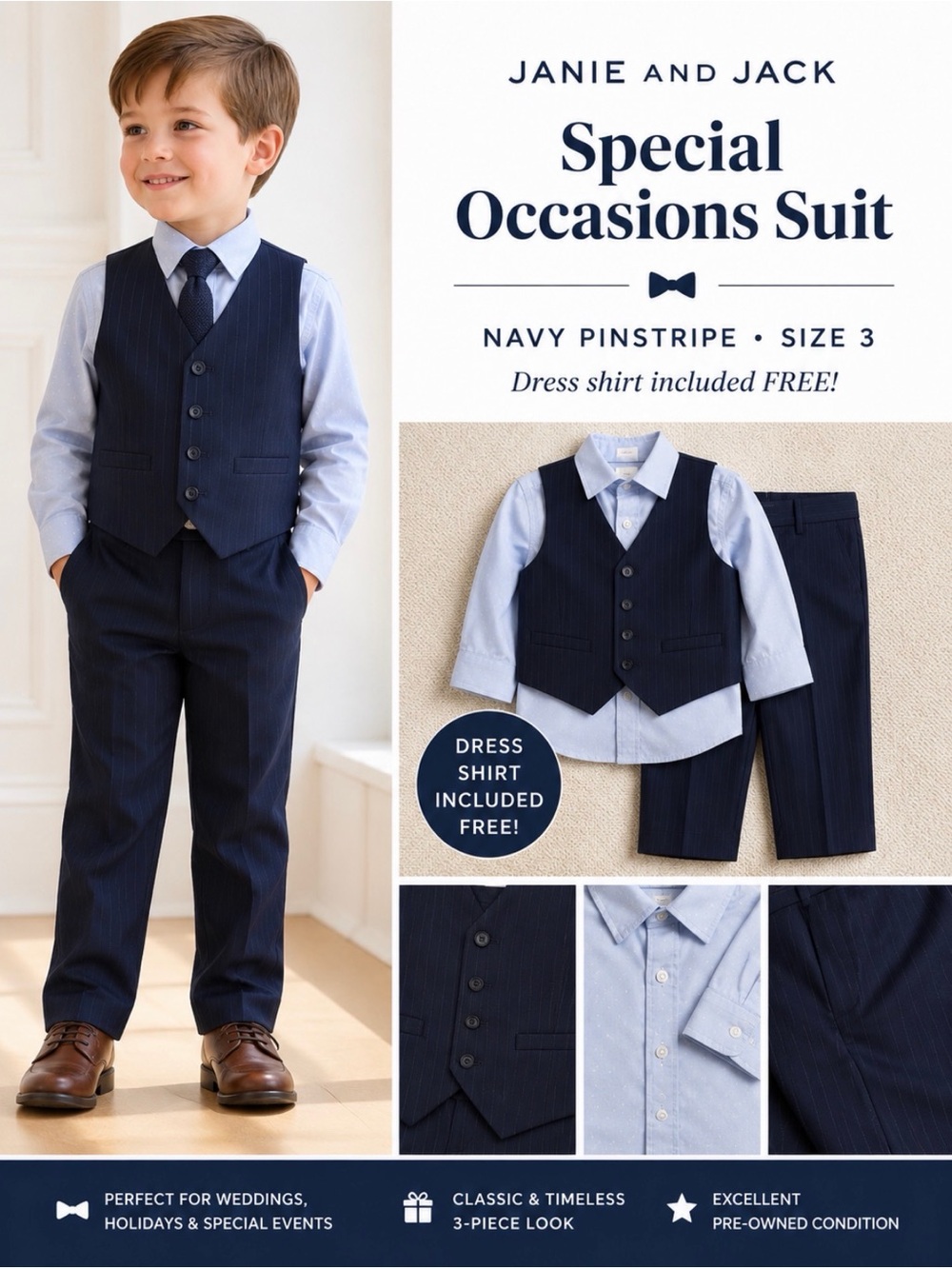 Janie and Jack Special Occasions suit, navy pinstripe, size 3